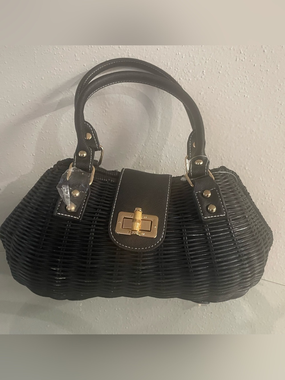 Black Woven Satchel with Gold-Tone Hardware